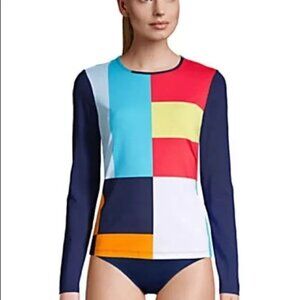 NWT Lands End Color Block Long Sleeve Rash Guard Sun Protection XL